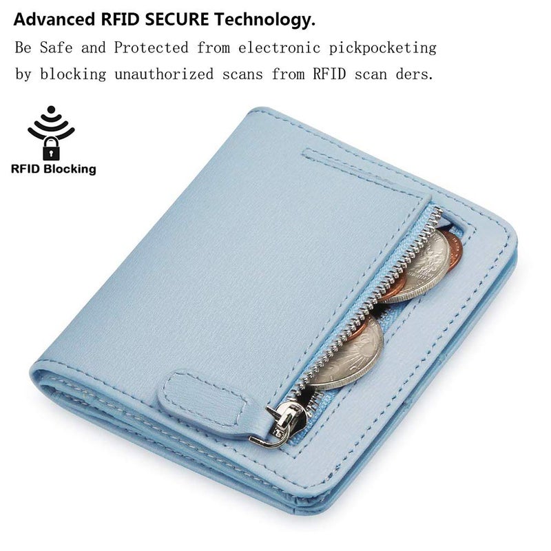 FT FUNTOR FUNTOR Leather Wallet for women, Ladies Small Compact Bifold Pocket RFID Blocking Wallet for Women, Light Blue - Image 3